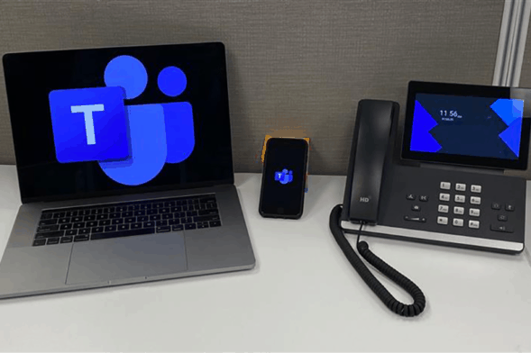 microsoft teams on laptop, mobile and desktop phone