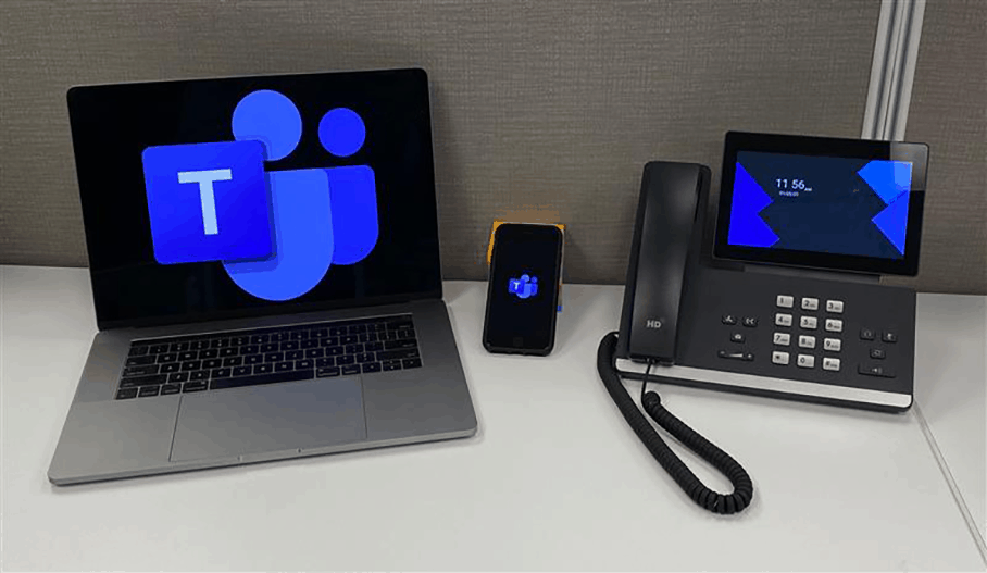 microsoft teams on laptop, mobile and desktop phone